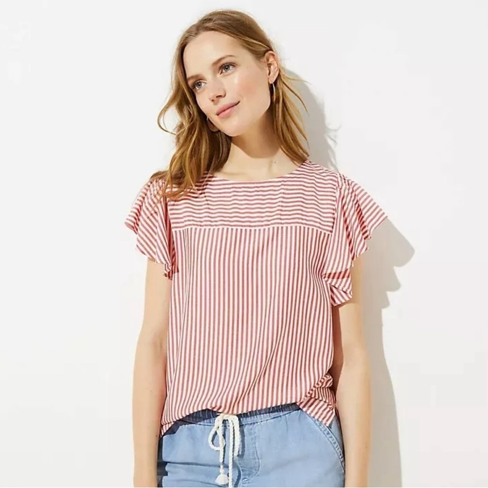Loft Petite Mixed Striped Crimson Fire Flutter Top